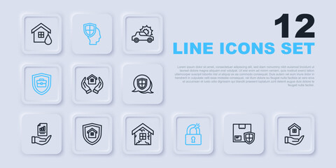 Set line Delivery security with shield, House in hand, Broken or cracked lock, Briefcase, Life insurance and icon. Vector