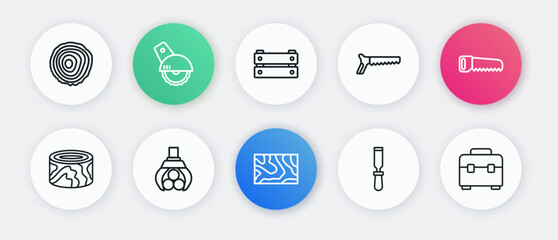 Set line Wooden beam, Hand saw, logs, Chisel tool, box, Toolbox and Grapple crane grabbed icon. Vector