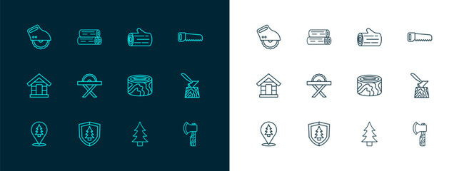Set line Hand saw, Shield with tree, Wooden logs, Tree, Electric circular, and icon. Vector
