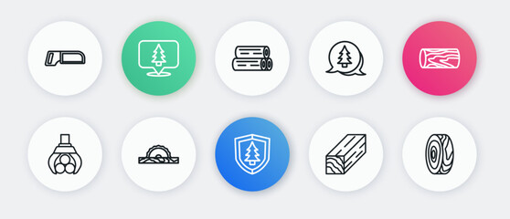 Set line Shield with tree, Wooden log, Grapple crane grabbed a, beam, Tree, rings and Electric circular saw icon. Vector
