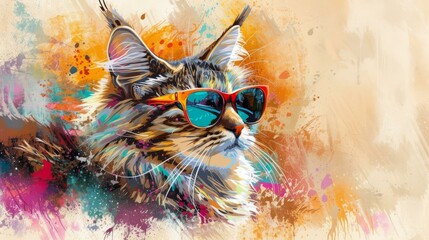 Cool cat wearing sunglasses with colorful background