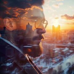 Bearded man in glasses looking out at a city skyline at sunset