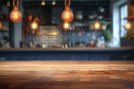 Rustic wooden table with blurred background of a restaurant interior with hanging lights