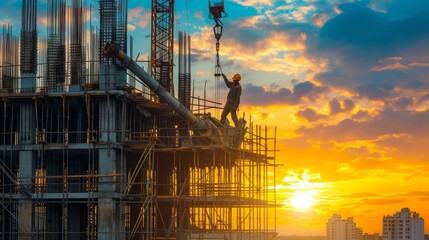 Construction worker standing on scaffolding at sunset
