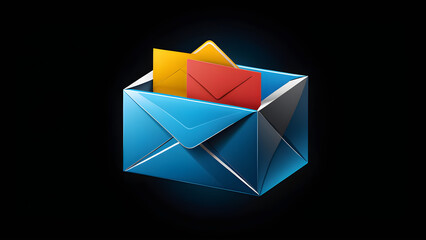 inbox and out box. icon 3d isolated on a black background. With black copy space. envelope with message