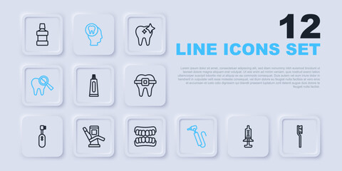 Set line Syringe, Toothbrush, Tube of toothpaste, drill, Broken, Medical dental chair, Toothache and Dentures model icon. Vector