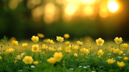Yellow buttercup flowers in a green field with a blurry background of trees and the sun
