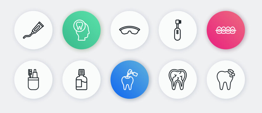 Set line Tooth with caries and drill, Teeth braces, Toothbrush toothpaste, Broken, Electric toothbrush, Safety goggle glasses, and Mouthwash icon. Vector
