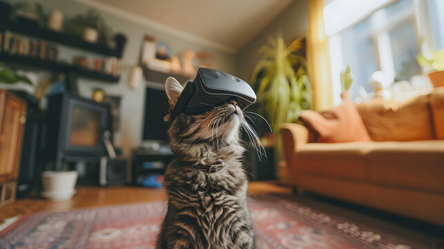 Cinematic photograph of hairy catwearing a vr headset.