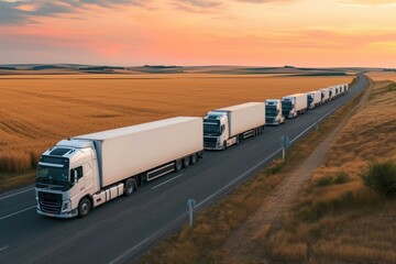 A line of trucks drive through a rural area with a field of wheat in the foreground and a sunset in the background
