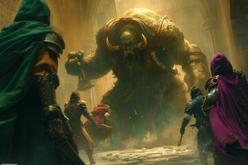 A group of adventurers fighting a giant monster in a dungeon - obrazy, fototapety, plakaty