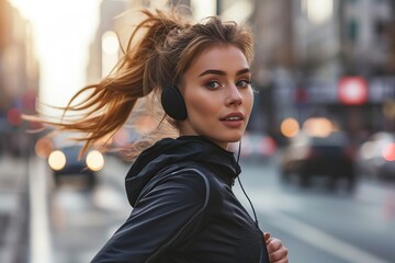 Fototapeta premium Handsome sportswoman running at the street