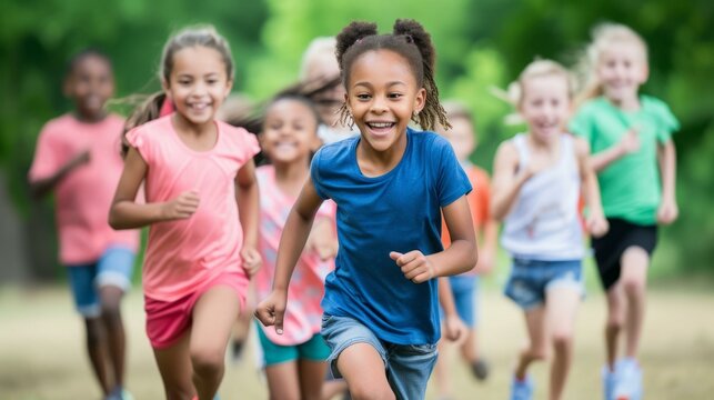 A group of children are running in a field