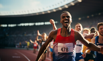 A male track and field athlete celebrating winning a sprint race at a sports event
