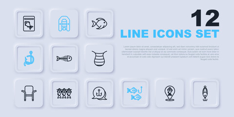 Set line Location fishing, Fishing lure, skeleton, hook with, and worm, Dried, Inflatable boat motor and icon. Vector