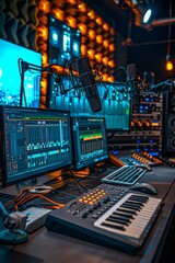 Modern music production studio with digital audio workstation, synthesizer, and microphone