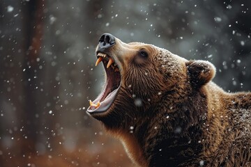 Closeup of roaring brown bear in winter forest