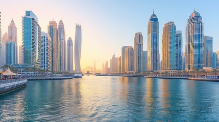 Dubai Marina at sunrise, a waterfront district in Dubai, United Arab Emirates