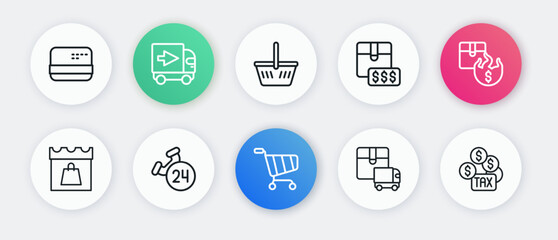 Set line Shopping cart, Hot price, day, Delivery cargo truck, Item tag with dollar, basket, Tax payment and Telephone 24 hours support icon. Vector