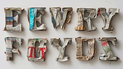 3D letters made of newspaper clippings