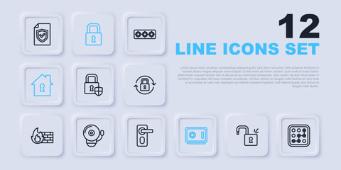 Set line Open padlock, Graphic password protection, Shield security with, Safe, House under, Ringing alarm bell, Lock and Fingerprint door icon. Vector