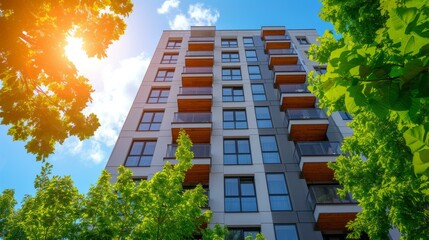 An apartment building surrounded by lush green trees with the sun shining brightly in the background