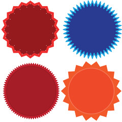 Set of vector starburst, sunburst badges. Nine different color. Simple flat style Vintage labels. Design elements. Colored stickers. A collection of different types and colors icon.