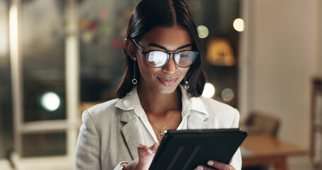 Tablet, reflection and woman in office with glasses, overtime with planning and scroll on social...