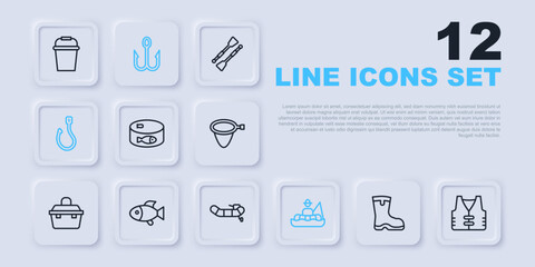 Set line Fishing boots, jacket, Canned fish, Fisherman boat, hook, and Inflatable with motor icon. Vector