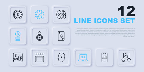 Set line Online sports betting, Casino chips, with dollar, Calendar, and Lucky player icon. Vector