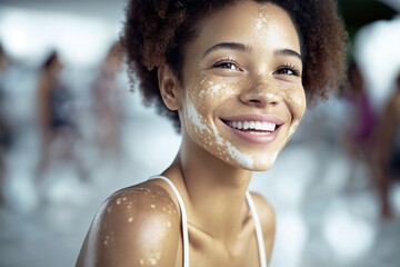Smile young afro woman with skin problem, vitiligo skin.