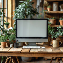 Natural Workspace: Computer Screen Mockup on Wooden Table