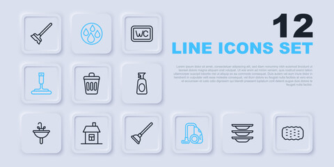 Set line Washing dishes, Sponge, Trash can, Vacuum cleaner, Rubber for windows, House, Water drop and plunger icon. Vector