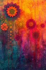 Vibrant and colorful floral painting with intricate patterns and a gradient background