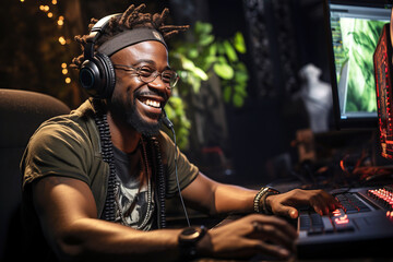 Happy young smiling black man teen gamer streamer playing online games in front of computer monitor