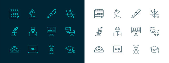 Set line Trigonometric circle, Chalkboard, Online class, Medal, Teacher, Fountain pen nib, School timetable and Table lamp icon. Vector