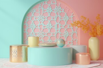 pastel pink wall with a white ornamental floral-patterned screen is the backdrop