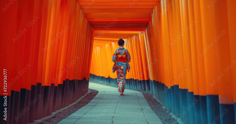 Wall mural a woman in an japanese costume is walking in an orange tunnel - Wall murals