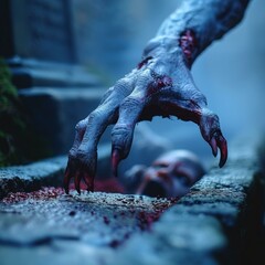 A zombie hand reaching out of a grave