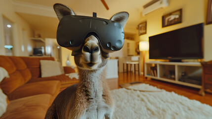 Cinematic photograph of cangaroowearing a vr headset.