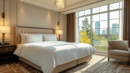Elegant hotel room with a large bed, a sitting area, and a view of the city