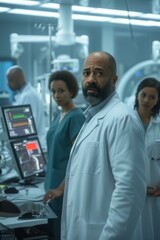 Fototapeta premium Black male doctor and two female nurses in a hospital
