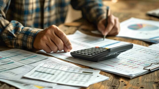 Accountant analyzing financial reports and using a calculator