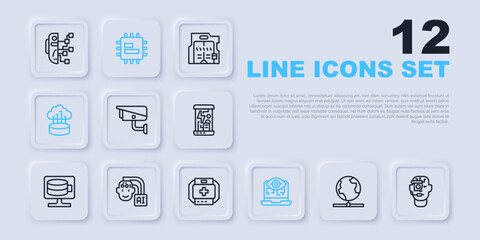 Set line Global technology, Smart glasses on spectacles, Security camera, Computer vision, Network cloud connection, Humanoid robot, Processor CPU and First aid kit icon. Vector