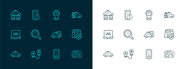 Set line Taxi car, Route location, insurance, Infographic of city map, Search taxi, Location, service rating and Mobile banking icon. Vector