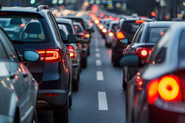 Cars stuck in traffic jam on a highway - obrazy, fototapety, plakaty