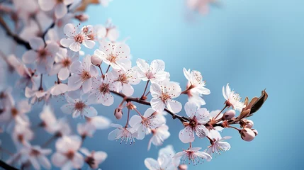 Fotobehang a cherry blossom branch against a clear sky, springtime sky © Yash