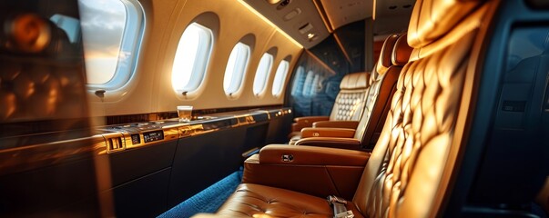 first class business luxury seats for vacations or corporate airplane travel with copy space area...