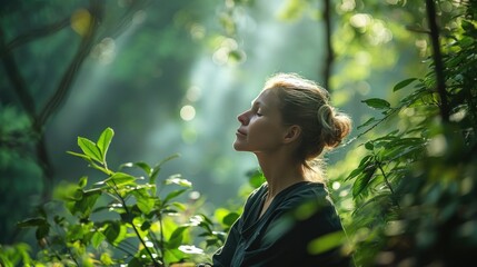 a woman in a state of relaxation, surrounded by fresh air and natural tranquility, therapeutic benefits of spending time in natural surroundings
