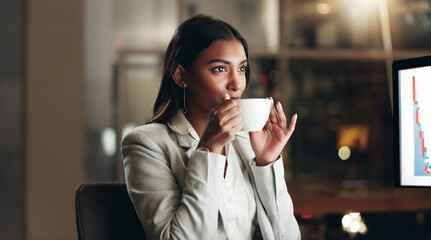Drinking coffee, night work and business woman working at office with computer data for job. Female professional, tea and online research for deadline and lawyer report with hot drink and email - obrazy, fototapety, plakaty
